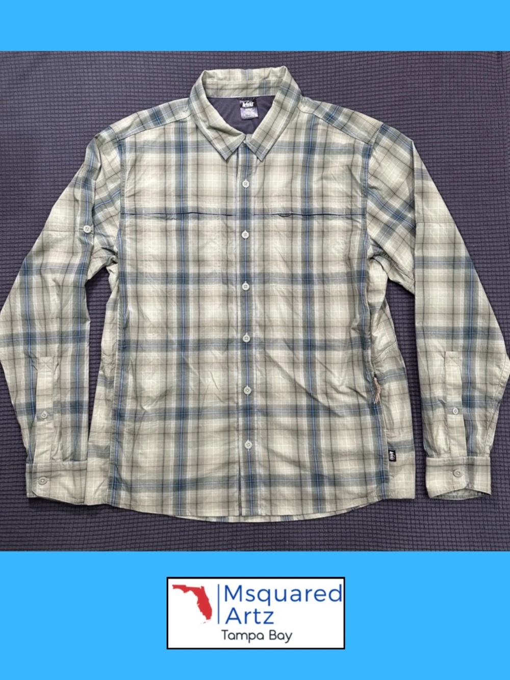 REI Co Op Plaid Hiking Fishing Button Shirt Green Blue Men’s Medium